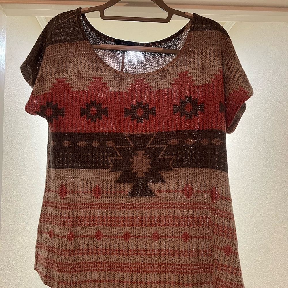 Boho Chic Short Sleeve Top - Brown and Red